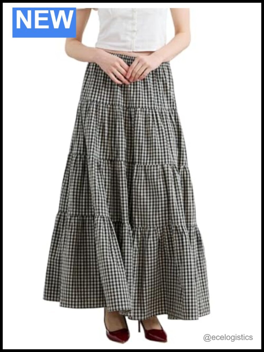 100% Cotton Vintage Plaid Maxi Skirt Tiered Ruffle A-Line Flowy Swing with